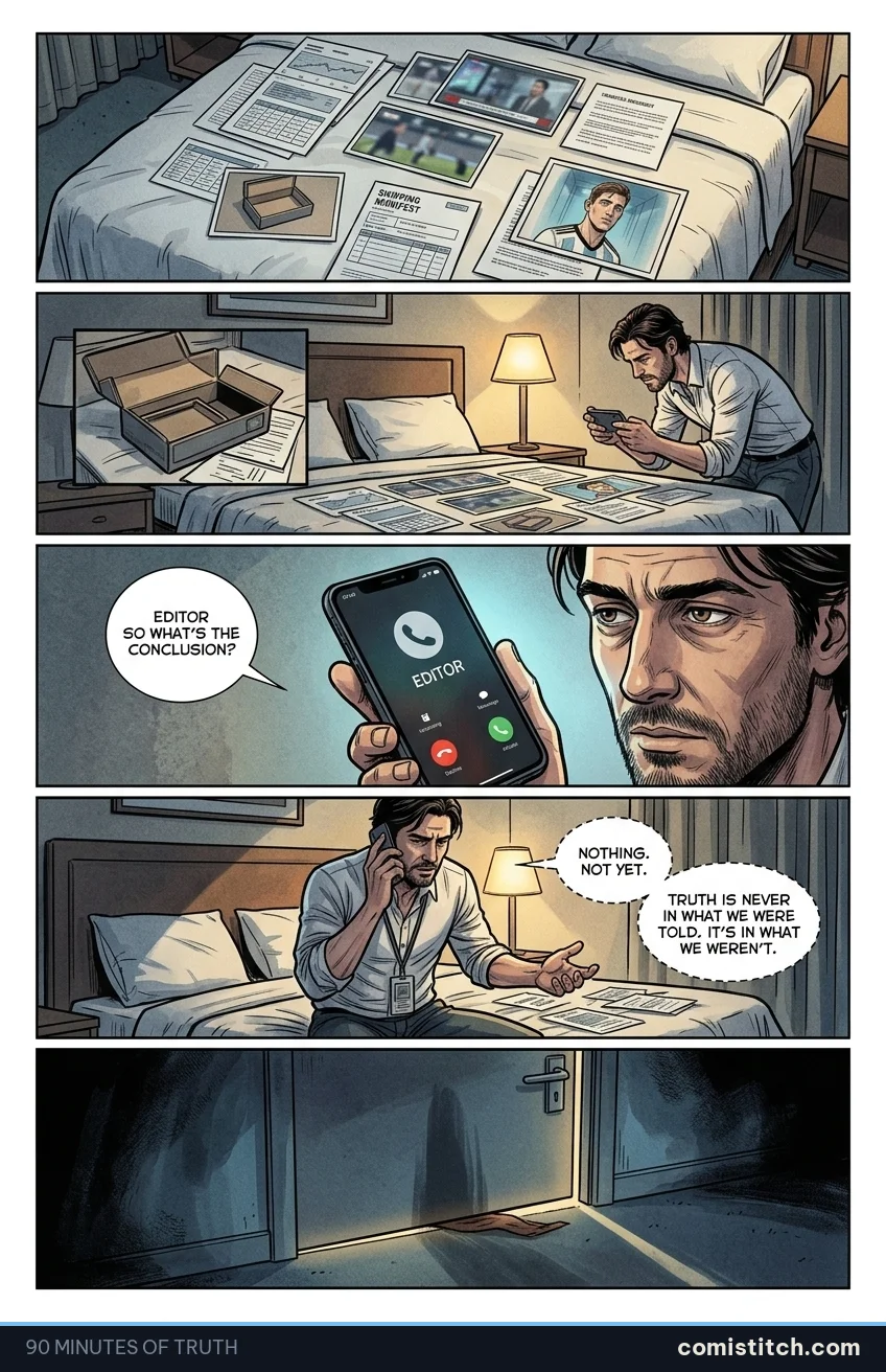 90 Minutes of Truth page 10 — Overhead shot of a hotel bedspread. Six items are carefully laid out: printouts, screenshots, the manifest, a still of the empty box, a stil