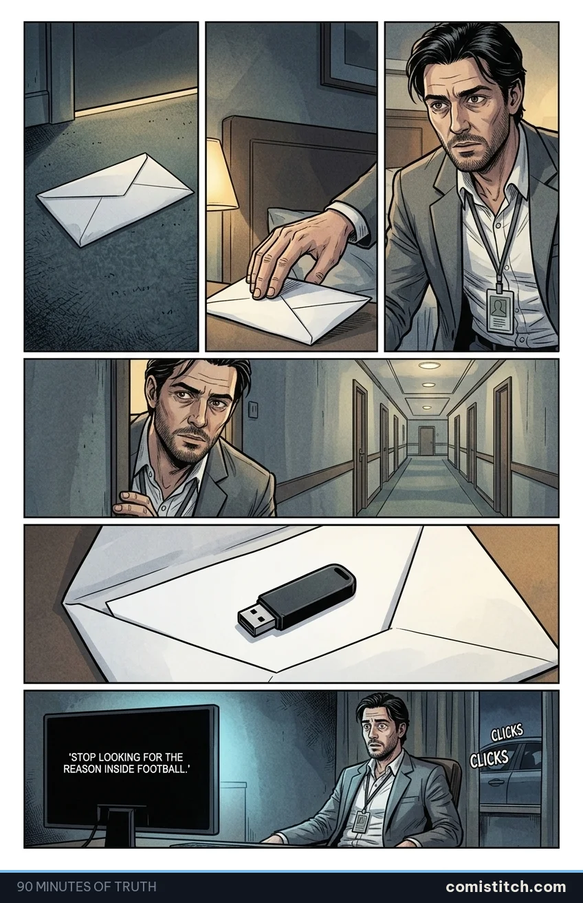 90 Minutes of Truth page 11 — Close-up on a plain white envelope lying on the carpet just inside Lucas's hotel room door. No name, no stamp, just stark white against the 