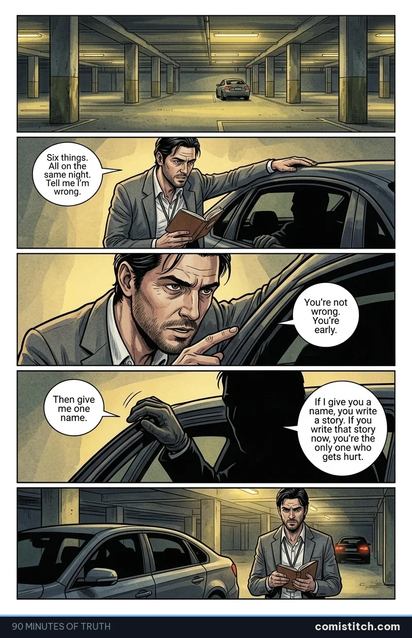 90 Minutes of Truth page 12 — Wide shot of an airport parking garage, level four. Grimy concrete columns, harsh sodium yellow lights. A single car is parked in the vast, 