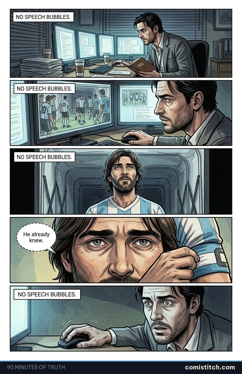 90 Minutes of Truth page 13 — Lucas's apartment, blinds drawn, bathed in the soft, flickering glow of four computer screens. Coffee cups sit cold next to stacks of resear