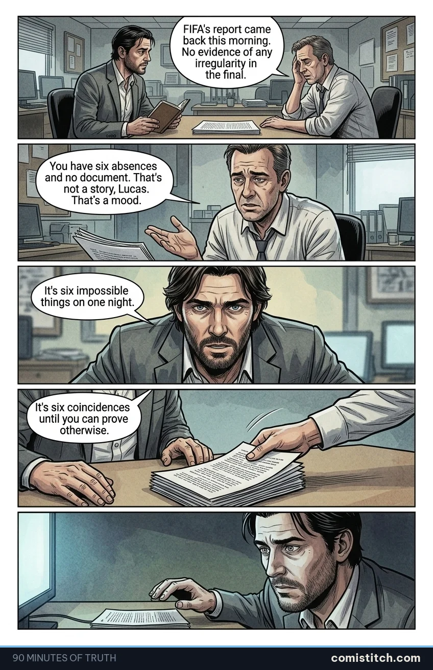 90 Minutes of Truth page 14 — Newsroom bathed in drab grey daylight. Lucas and his editor sit opposite each other at a desk, a printed story manuscript lying between them