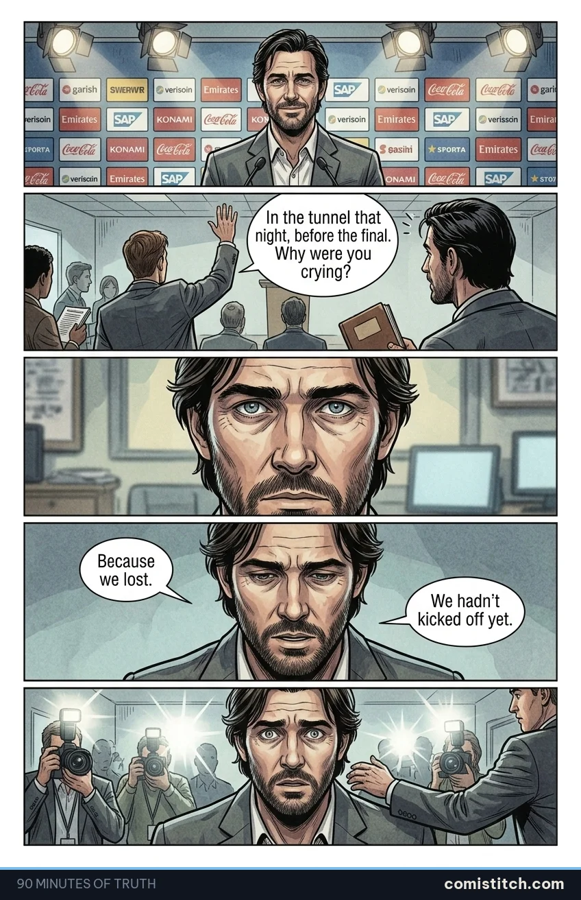90 Minutes of Truth page 15 — A sponsor's press event, months later. Bright lights glare off a step-and-repeat wall featuring garish logos. Mateo Rey, looking older and g