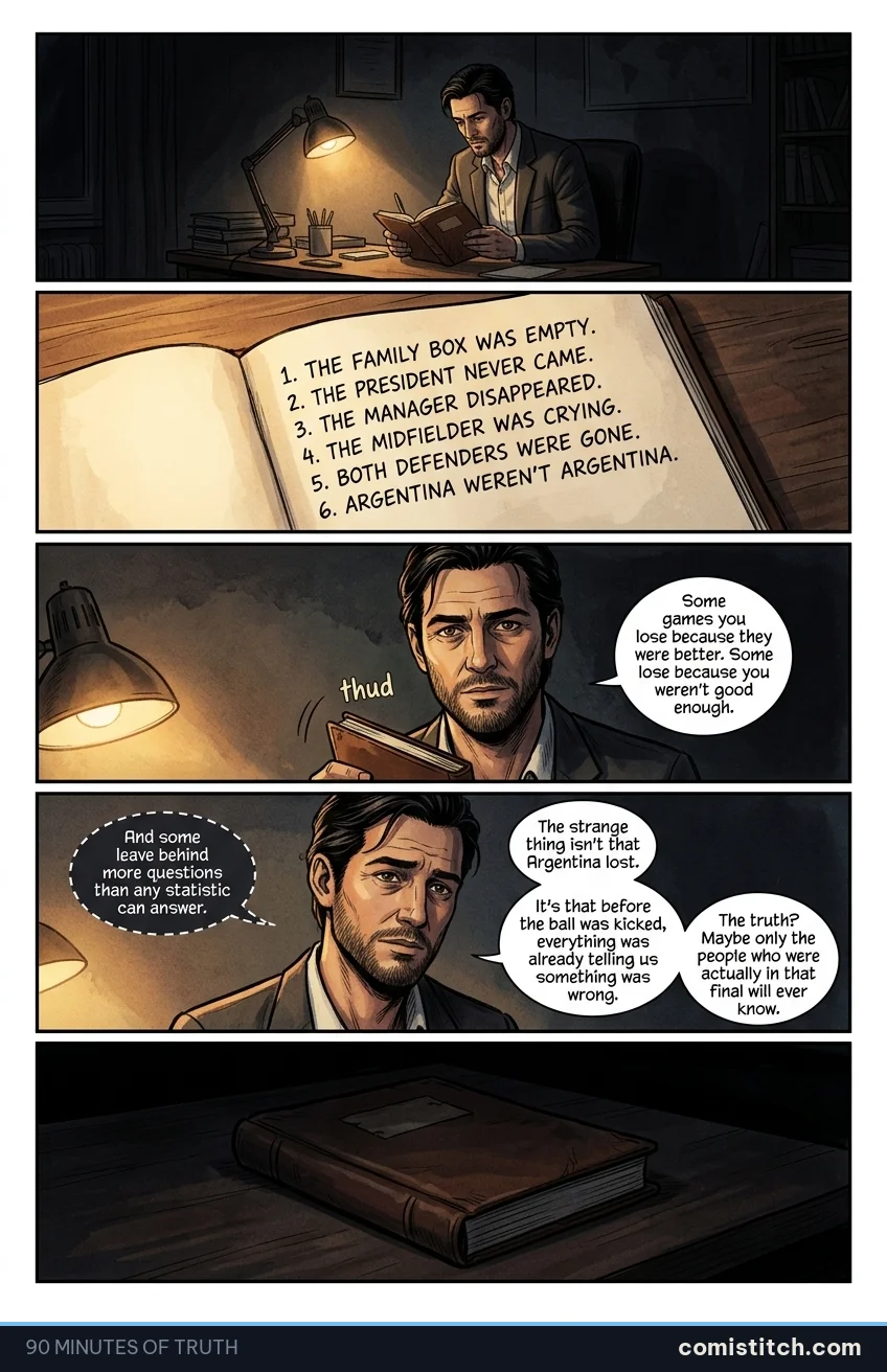 90 Minutes of Truth page 16 — Lucas sits alone at his desk in the dark apartment, a single lamp illuminating his battered leather notebook. It is open to the final, handw