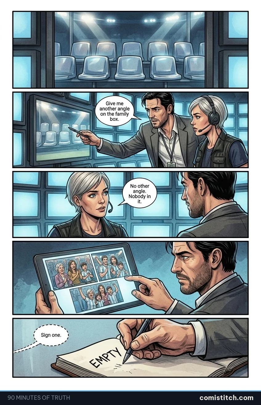 90 Minutes of Truth page 2 — Tight shot, a camera feed pushing into a luxurious VIP box, now conspicuously empty. Three rows of polished plastic seats gleam under the st