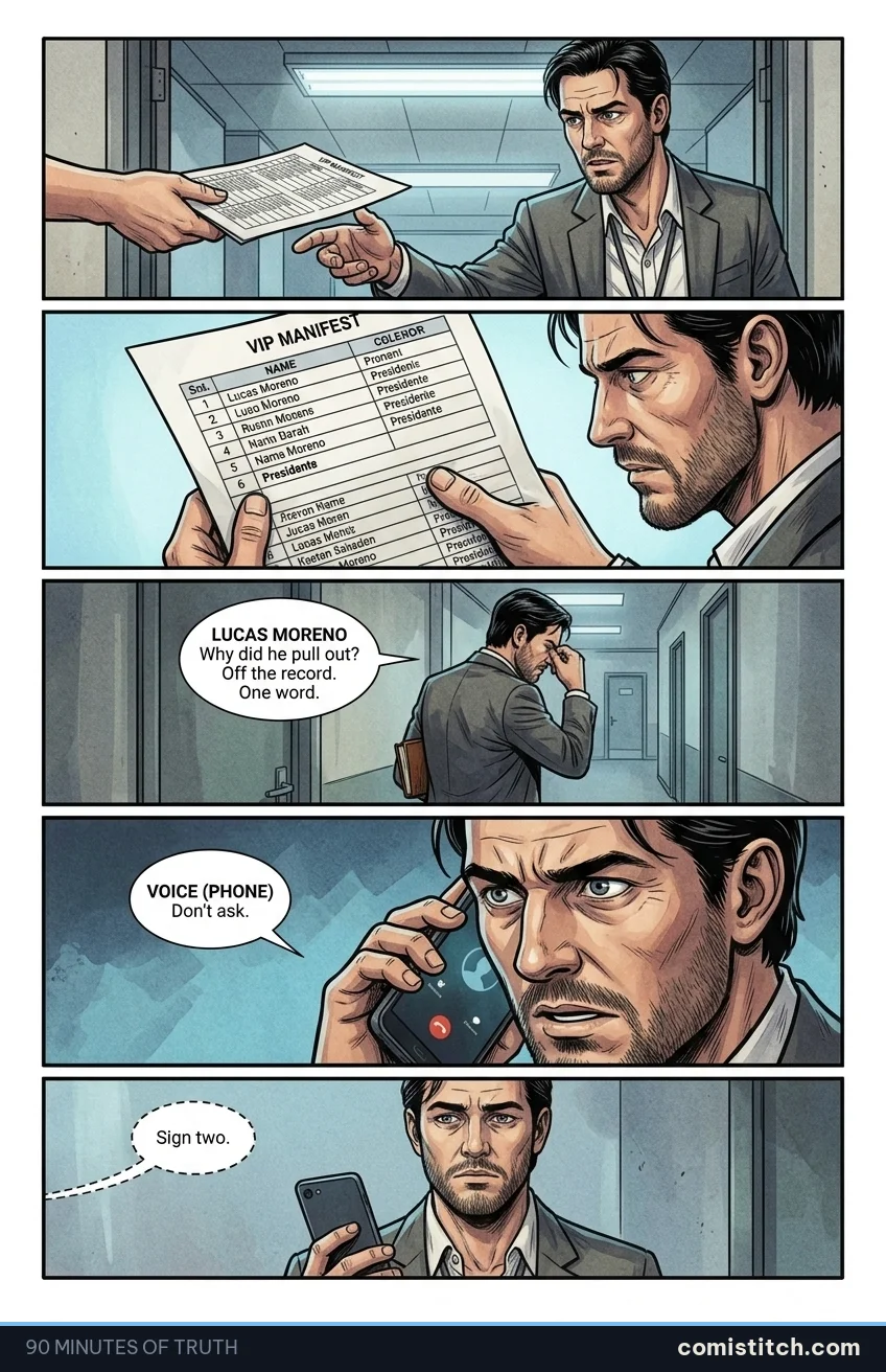 90 Minutes of Truth page 3 — A runner's hand, out of frame, presses a freshly printed VIP manifest into Lucas's outstretched hand. Lucas's eyes immediately scan the list