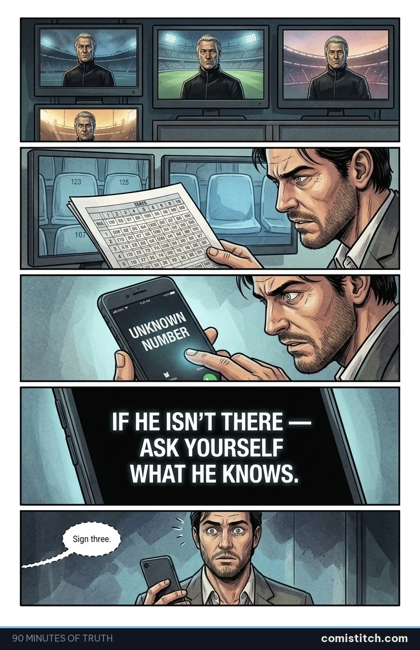 90 Minutes of Truth page 4 — Montage of three small monitors, each showing Héctor Benítez in the stands at previous tournament matches: group stage, quarter-final, semi-