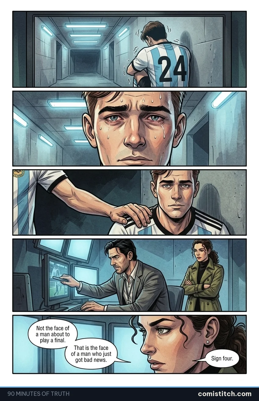 90 Minutes of Truth page 5 — Tunnel camera feed, unaired. Mateo Rey is seen from behind, hunched against the rough concrete wall, his shoulders visibly shaking with supp