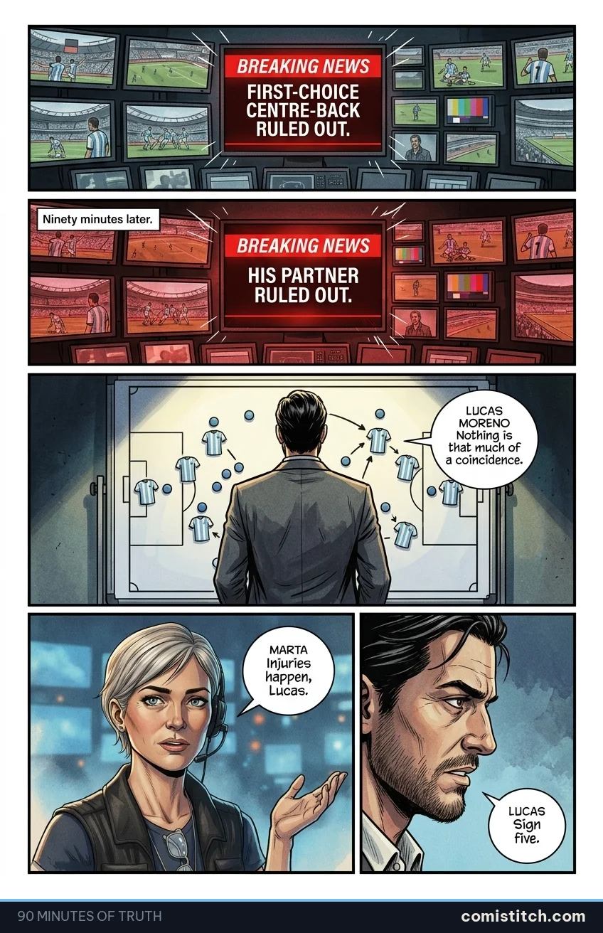 90 Minutes of Truth page 6 — A wide shot of the monitor wall in the control room. A prominent, alarming breaking-news graphic flashes in red: 'FIRST-CHOICE CENTRE-BACK R