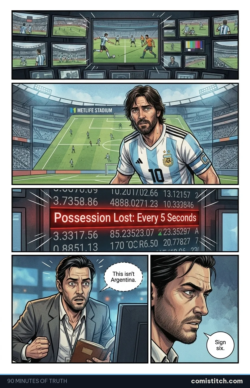 90 Minutes of Truth page 7 — Wide shot of the pitch from a high camera angle, seen on a monitor. Argentina players, in sky-blue and white, immediately kick off and then,