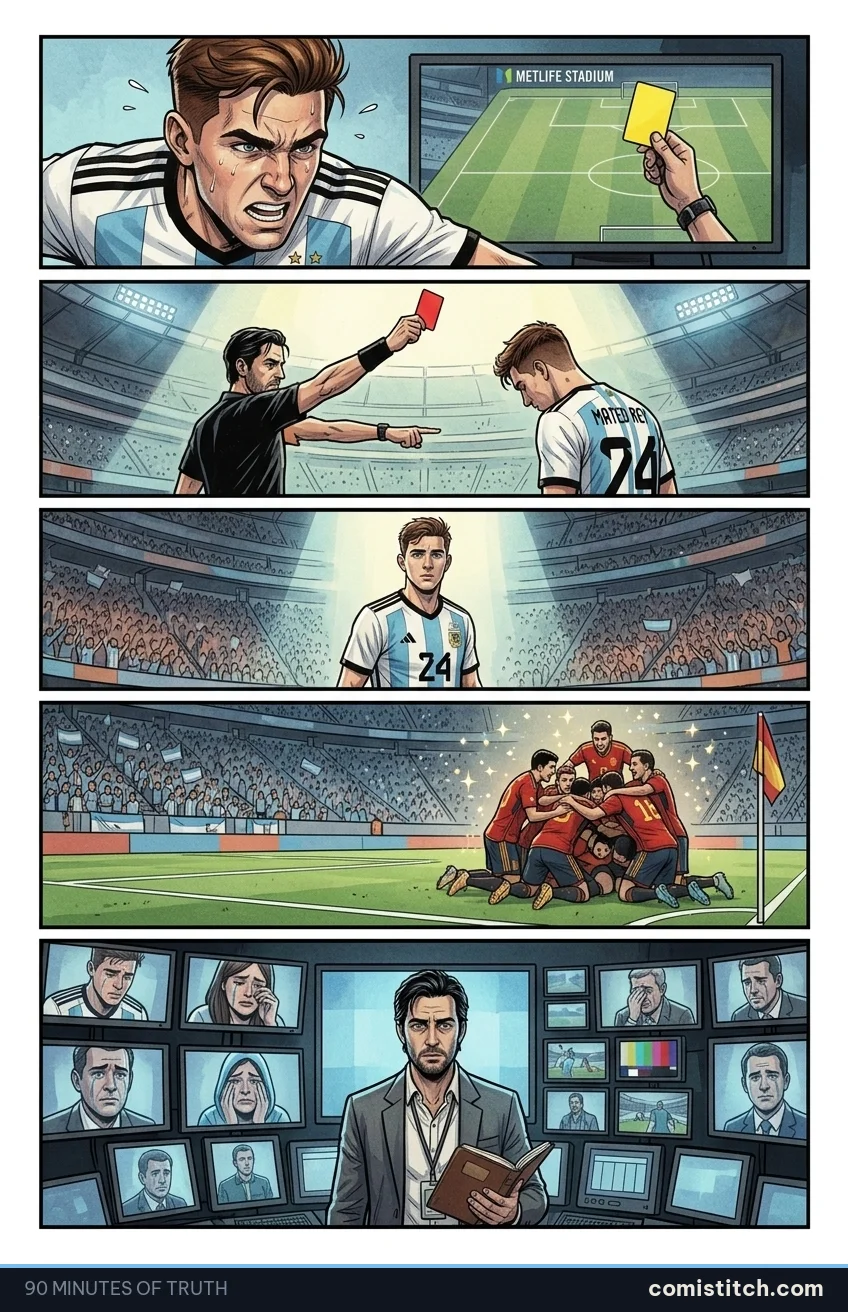 90 Minutes of Truth page 8 — Close-up on Mateo Rey's face. He lunges into one more desperate tackle, his features contorted with effort and frustration. A yellow card is