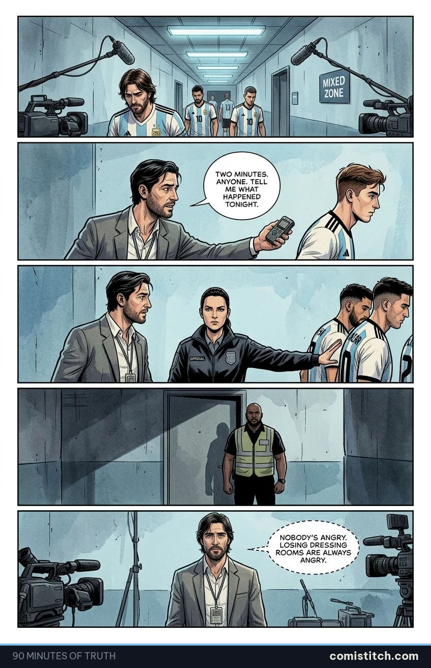 90 Minutes of Truth page 9 — A wide shot of the mixed-zone corridor. Harsh fluorescent lights glare down on a desolate scene of cameras and boom mics. Players walk throu