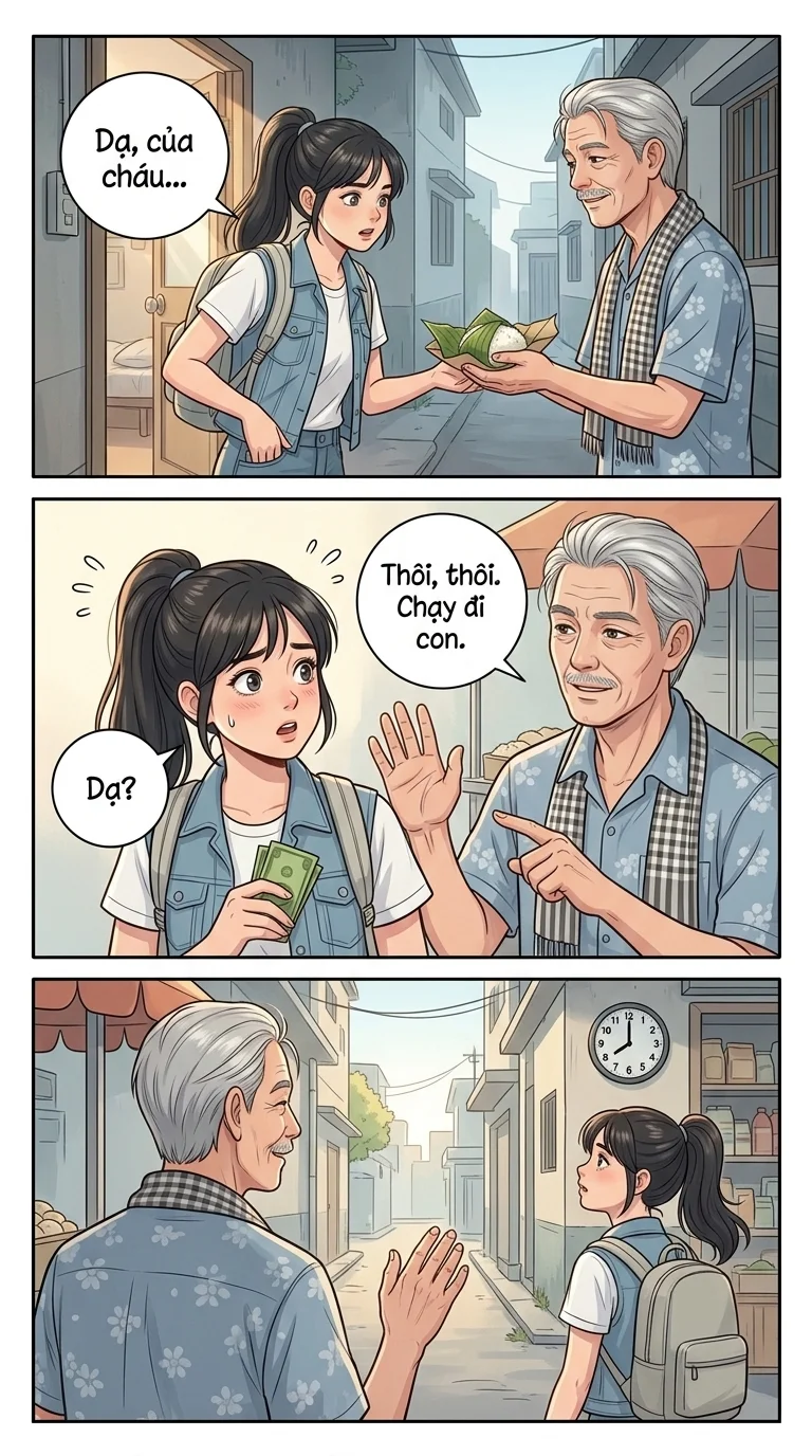 Câu truyện hay — Page 2: Trung cảnh Linh đang đưa tay ra nhận gói xôi từ Ông Bảy, tay kia cô bé đã sẵn sàng rút tiền từ túi. Ông Bảy chỉ nhìn cô 
