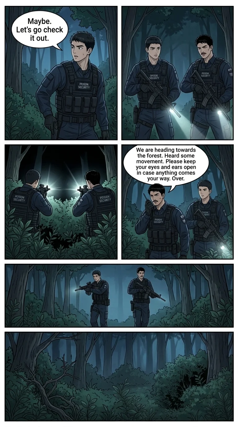CREATE A FOUR-PAGE VERTICAL WEBTOON/MANHWA PROLOGUE.  IMPORTANT: Create FOUR separate vertical Webto — Page 3: The two guards, Park Min-ho and Kim Ji-woo, activate their gear and cautiously venture in