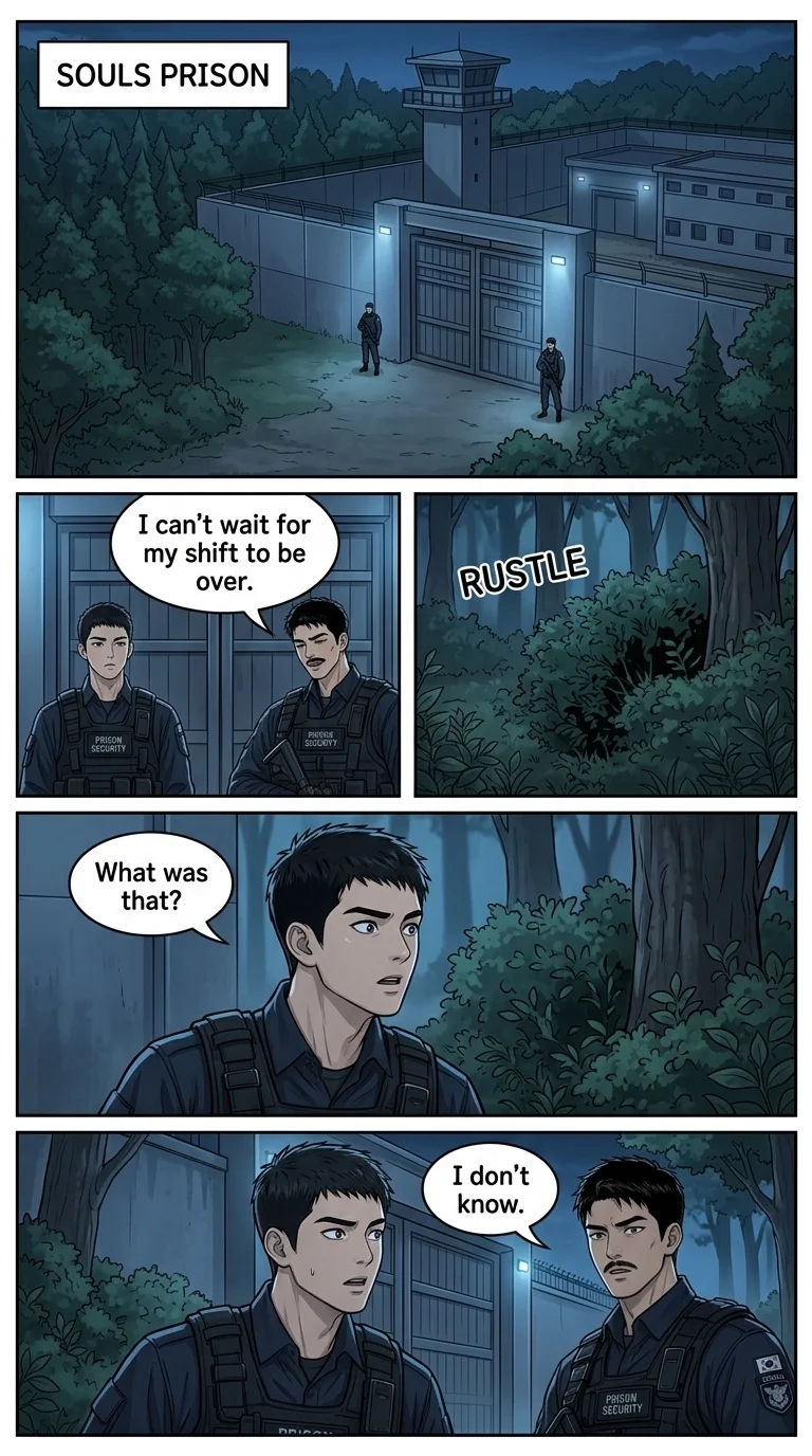 CREATE A FOUR-PAGE VERTICAL WEBTOON/MANHWA PROLOGUE.  IMPORTANT: Create FOUR separate vertical Webto — Page 2: At a secluded prison in the Seoul forest, two security guards, Park Min-ho and Kim Ji-woo