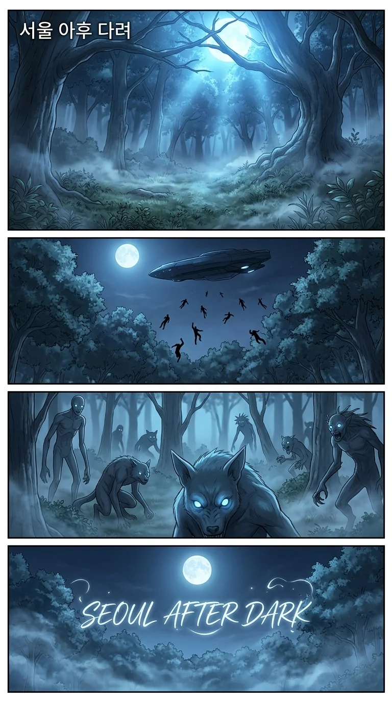 CREATE A FOUR-PAGE VERTICAL WEBTOON/MANHWA PROLOGUE.  IMPORTANT: Create FOUR separate vertical Webto