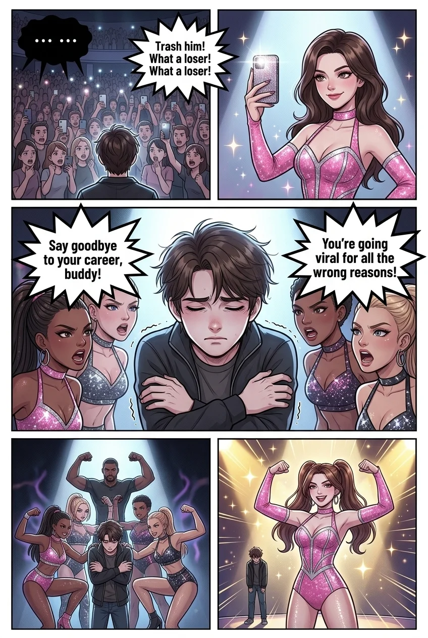He falls — Page 3: A wide shot from Marcus's perspective, looking out at the immense arena audience. They are a sea of phones held aloft, r