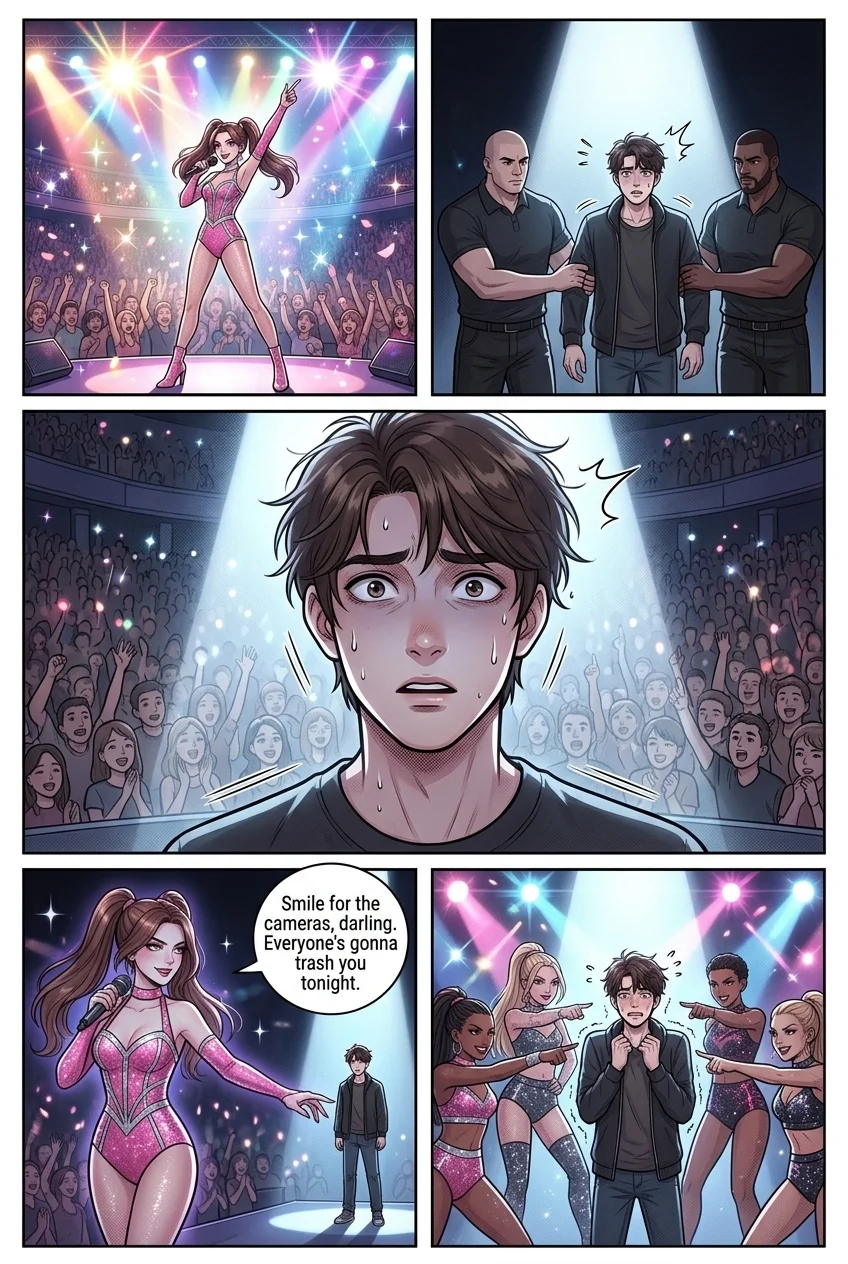 He falls — Page 2: A wide, dynamic shot of Sera center stage, bathed in blinding supernova-like arena lights. She's in her pink sequined bo
