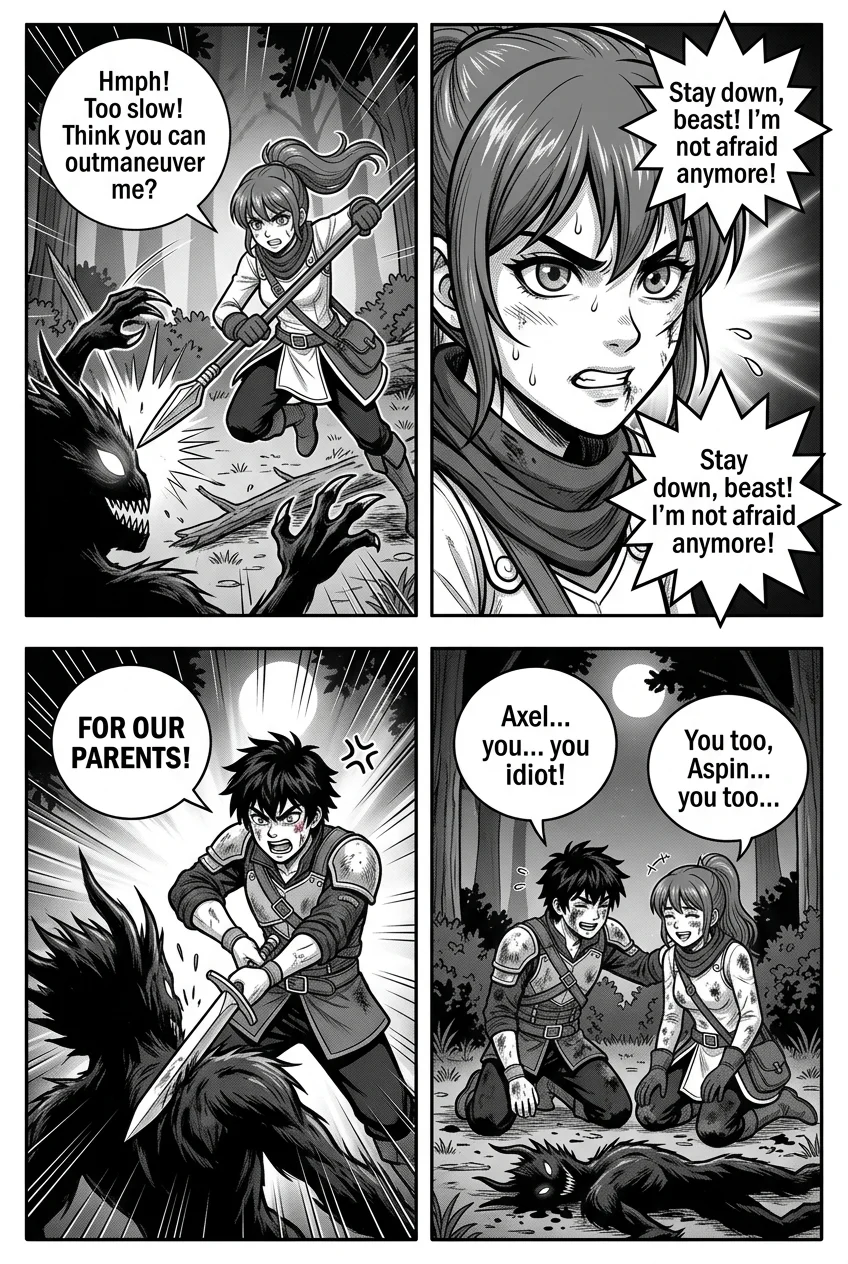 Mythshear- Axel and Aspen — Page 4: A dynamic action shot of Aspin, agile and focused. Her spear becomes an extension of her will, striking precisely at the