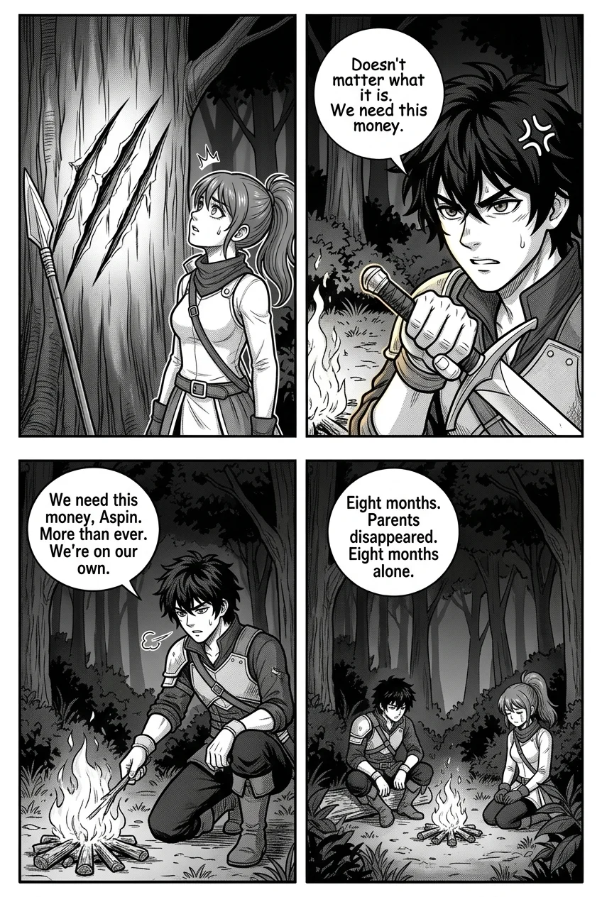 Mythshear- Axel and Aspen — Page 2: Aspin stands frozen beside the massive tree, her spear leaning against it. Her head is tilted back, staring up at the im
