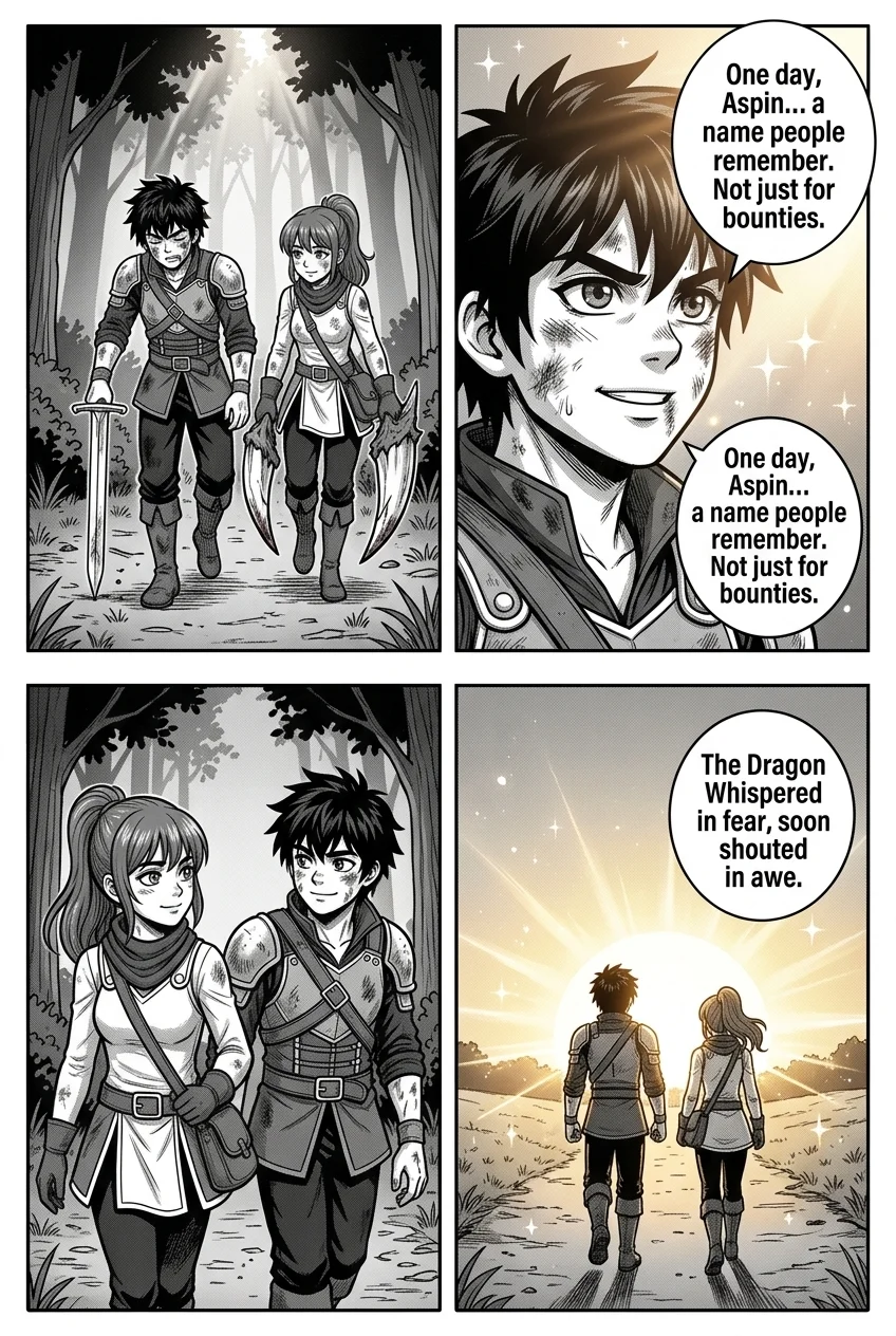 Mythshear- Axel and Aspen — Page 5: A wide shot of Axel and Aspin, limping and bruised, walking back along the forest path as the morning sun filters throug