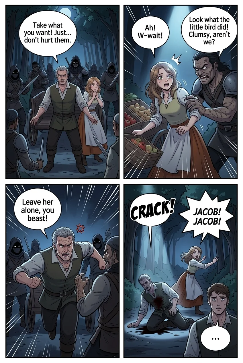 Mythshear- Jacob Sears — Page 2: The bandits have surrounded the cart, their crude weapons pointed at the trio. Jacob's Father stands protectively in fro