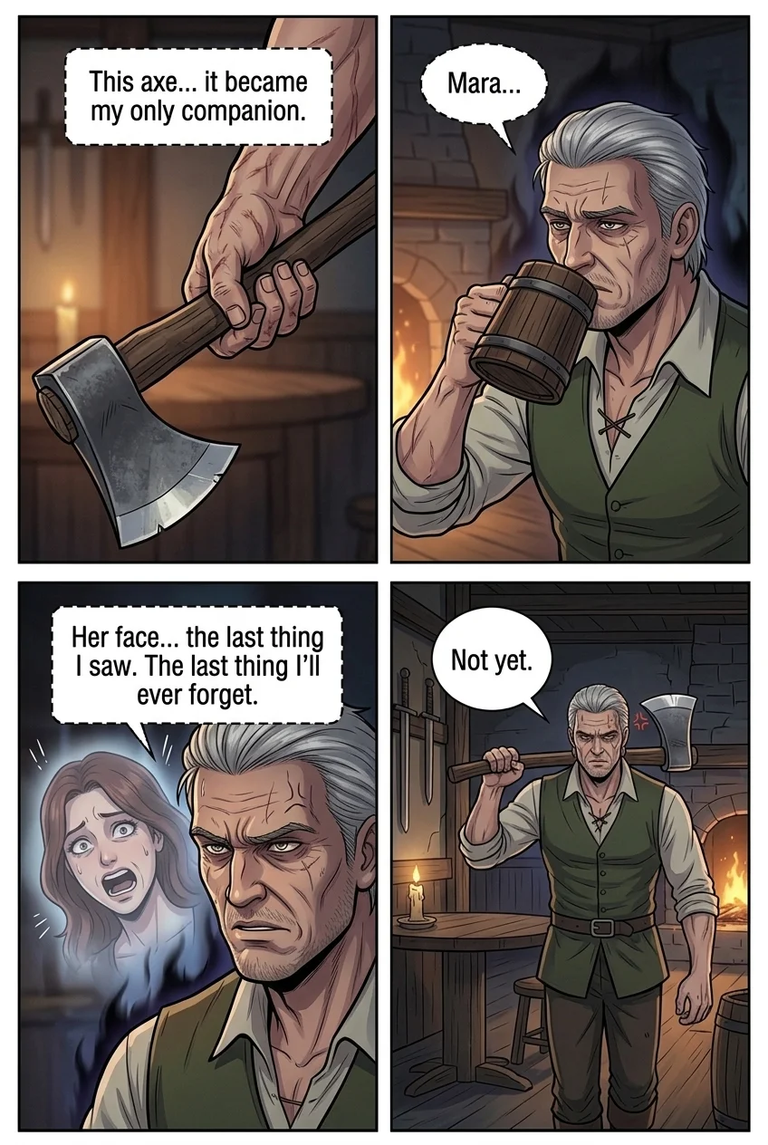 Mythshear- Jacob Sears — Page 5: Extreme close-up on Jacob's hand, scarred and calloused, gripping the worn wooden handle of his axe. The metal glints du
