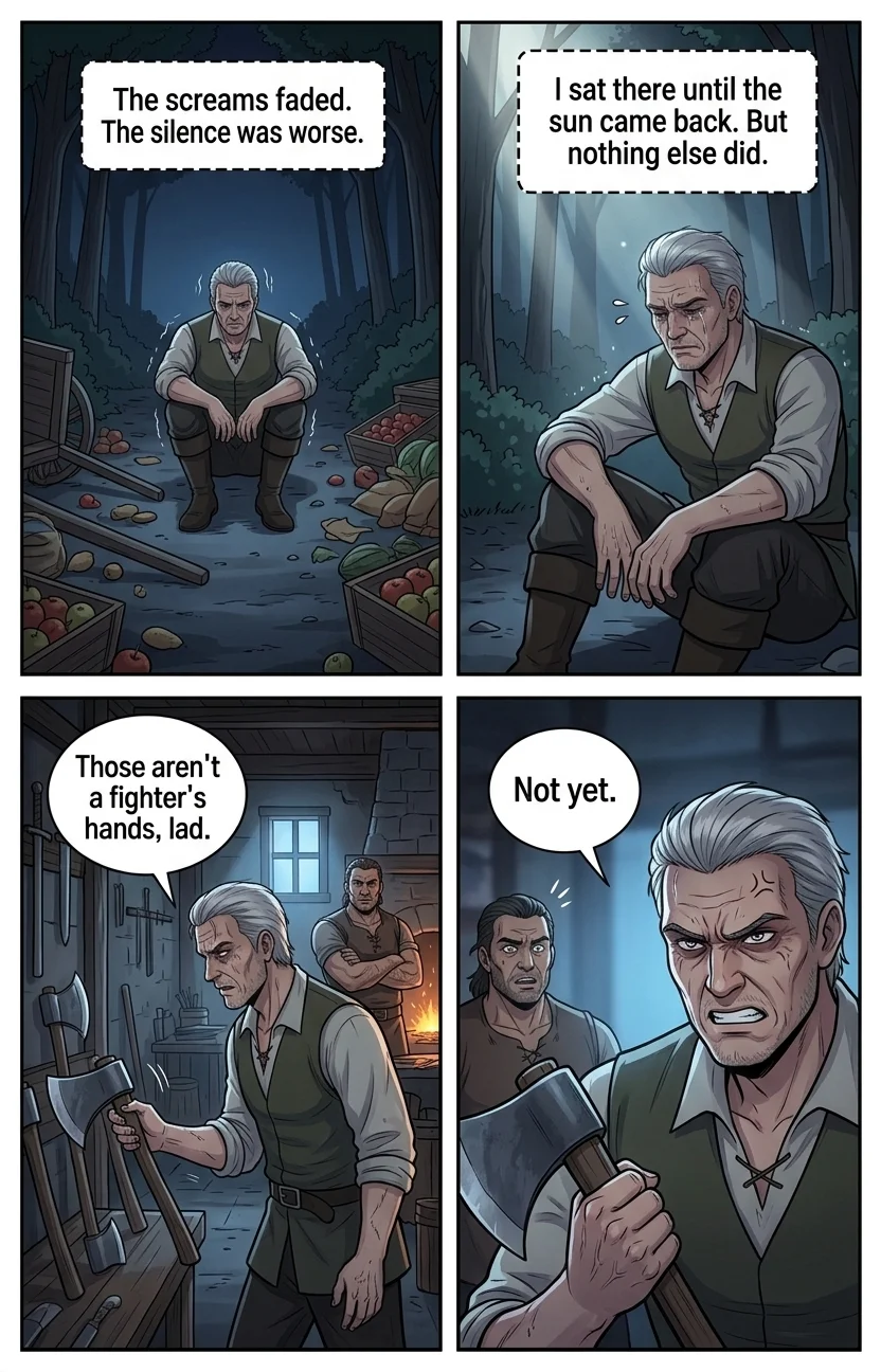 Mythshear- Jacob Sears — Page 3: Wide shot of Jacob, a small, solitary figure, sitting amidst the scattered goods on the dark forest road. The cart is ov