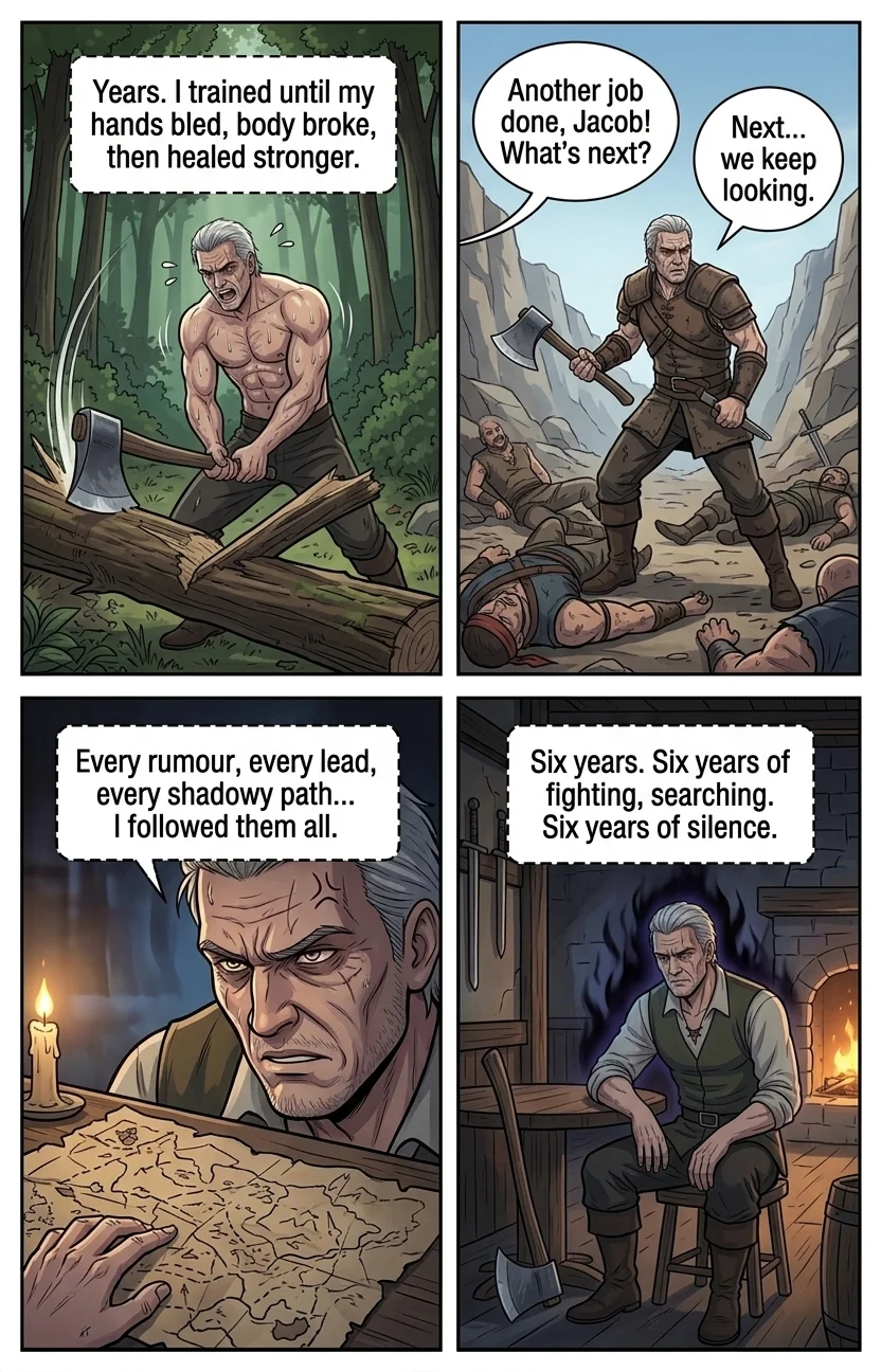 Mythshear- Jacob Sears — Page 4: Jacob, now visibly older and more muscular, is training relentlessly in a dense forest. Sweat glistens on his bare chest
