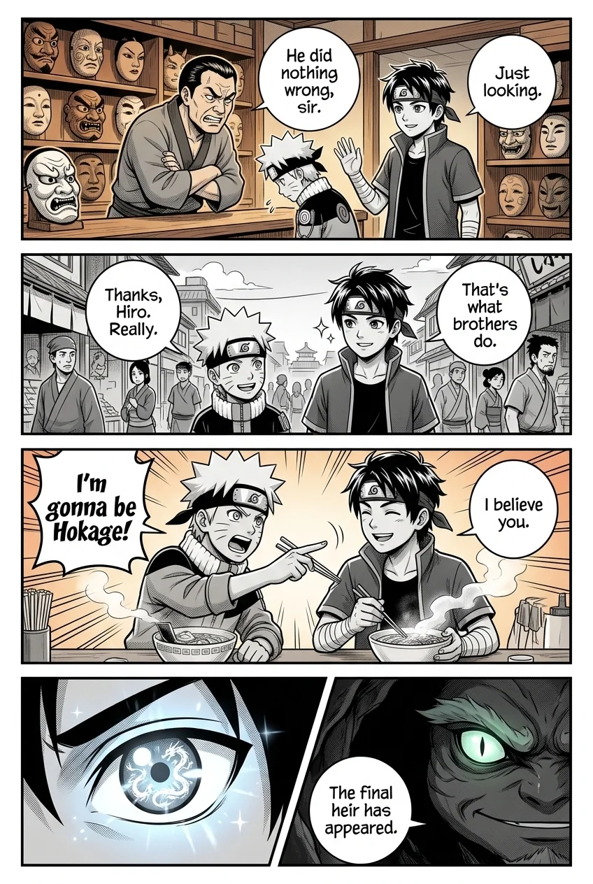 Naruto style anime with naruto's brother hiro .Hiro,12,bw hair,gray eyes,same height Naruto.