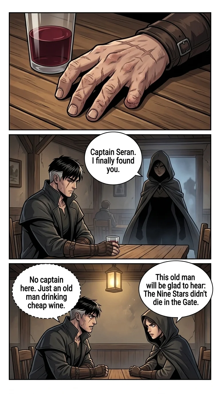 POVRATAK PEPELA — Page 3: A stark close-up on Kai's right hand resting on a half-empty glass of wine. The scarred, calloused skin is clearly visib