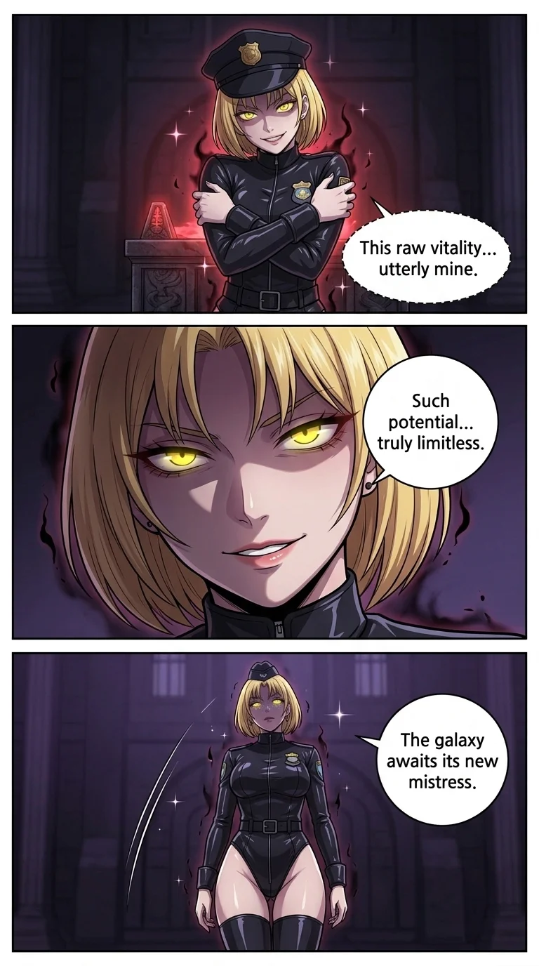 Rise of the new Sith lord. — Page 2: Mid-shot of Kitami (possessed) in a shadowed recess of the throne room, arms wrapped tightly around her own torso. Her h