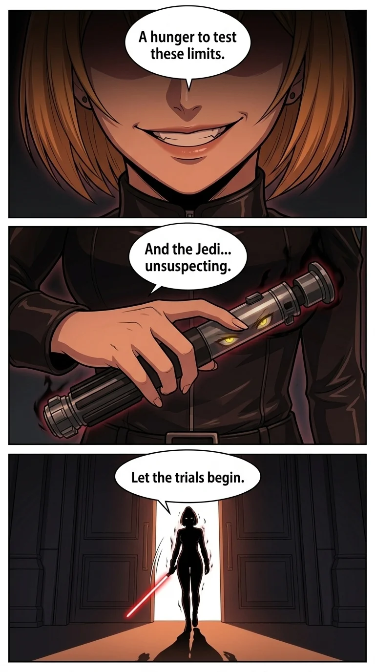 Rise of the new Sith lord. — Page 3: Extreme close-up on Kitami's lips, the predatory smirk now fully formed and chillingly wide. The corner of her mouth twi