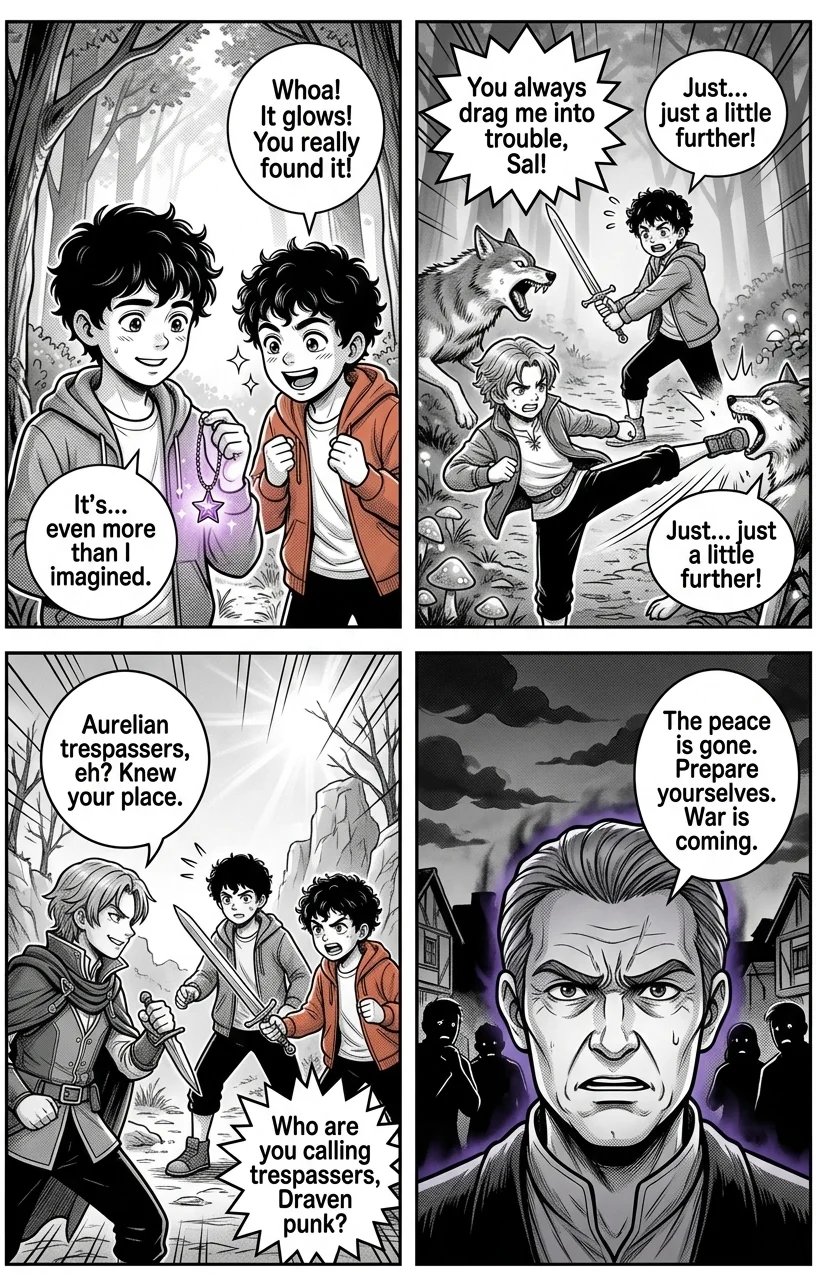 The Eternal Divide — Page 2: Medium shot of Sal showing the glowing purple star necklace to Dean. Dean's face is a mask of exaggerated excitement, ey