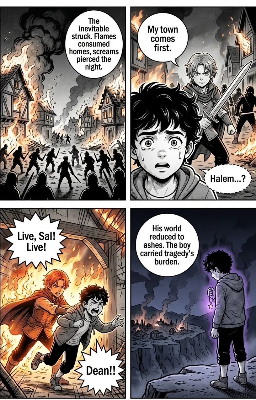 The Eternal Divide — Page 3: Panoramic shot of Aurelia engulfed in flames. Buildings crumble, smoke billows upwards, and figures of Draven soldiers, 