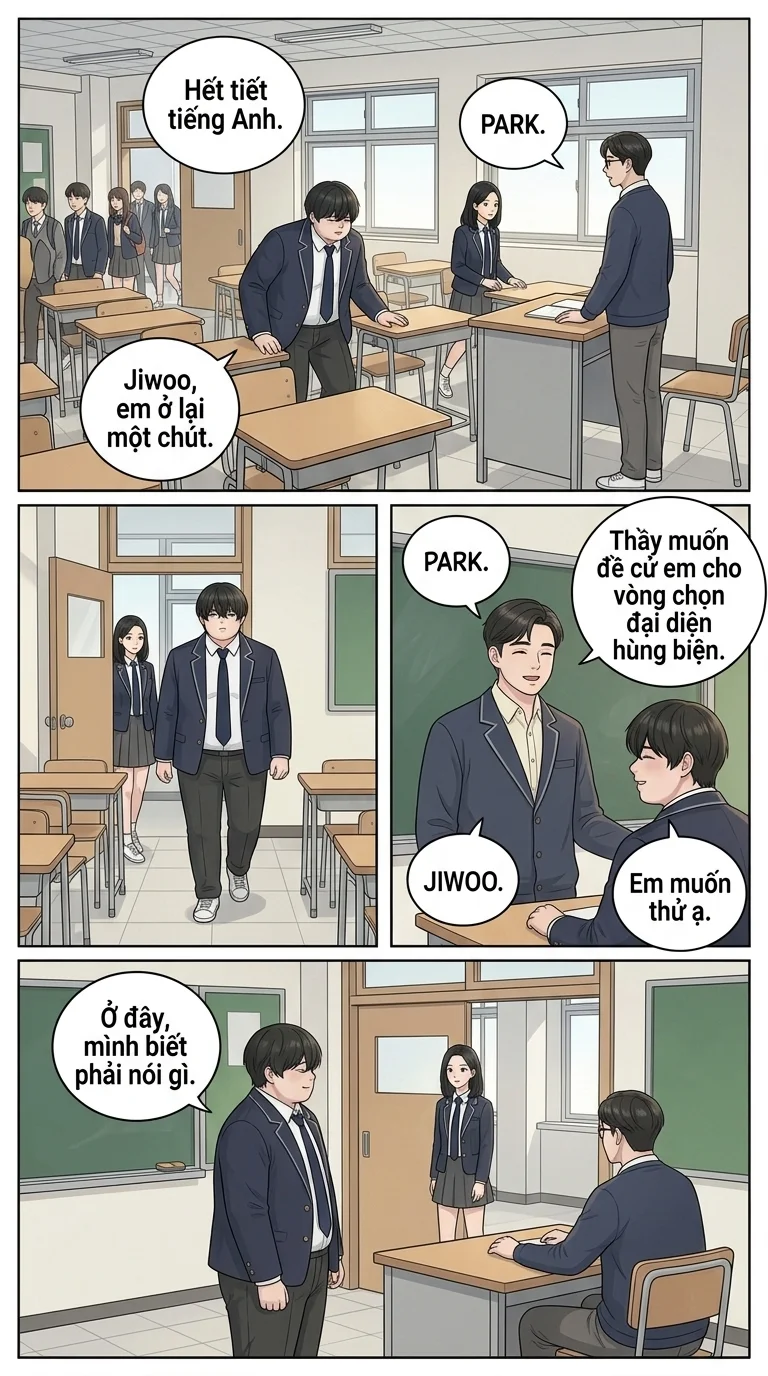 Unspoken — Page 2: After class, Jiwoo is called by Park who offers him an opportunity related to his English skills. Jiwoo accepts, while M
